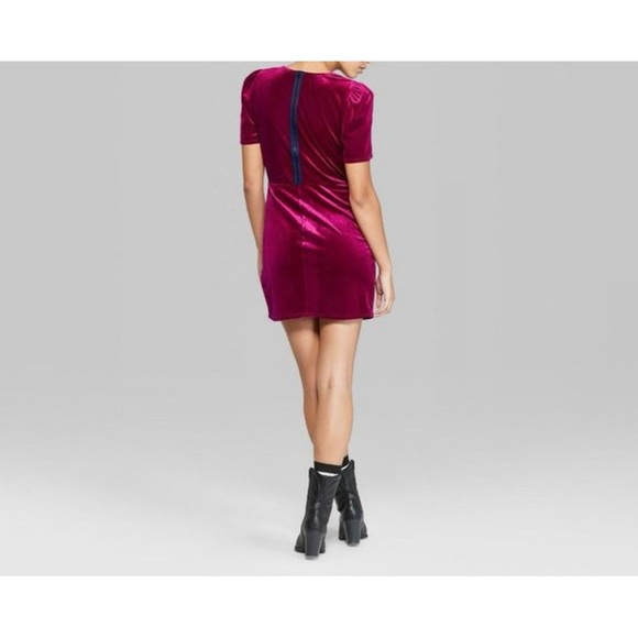 NWT Wild Fable Fuchsia Velvet Dress | Magenta Surplice Wrap V-Neck Fitted Mini - Picture 2 of 10